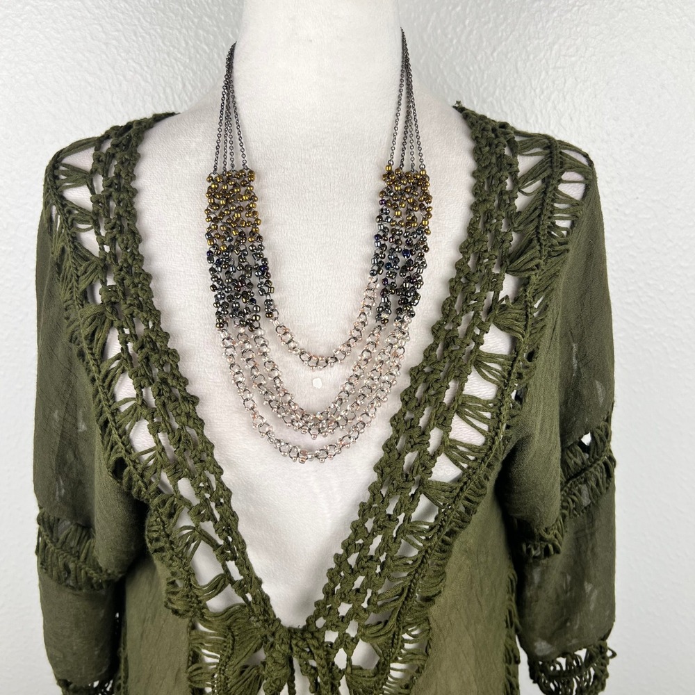 Coldwater Creek Layered Bib Necklace Beaded Multi Strand Gunmetal Gold Iridescen